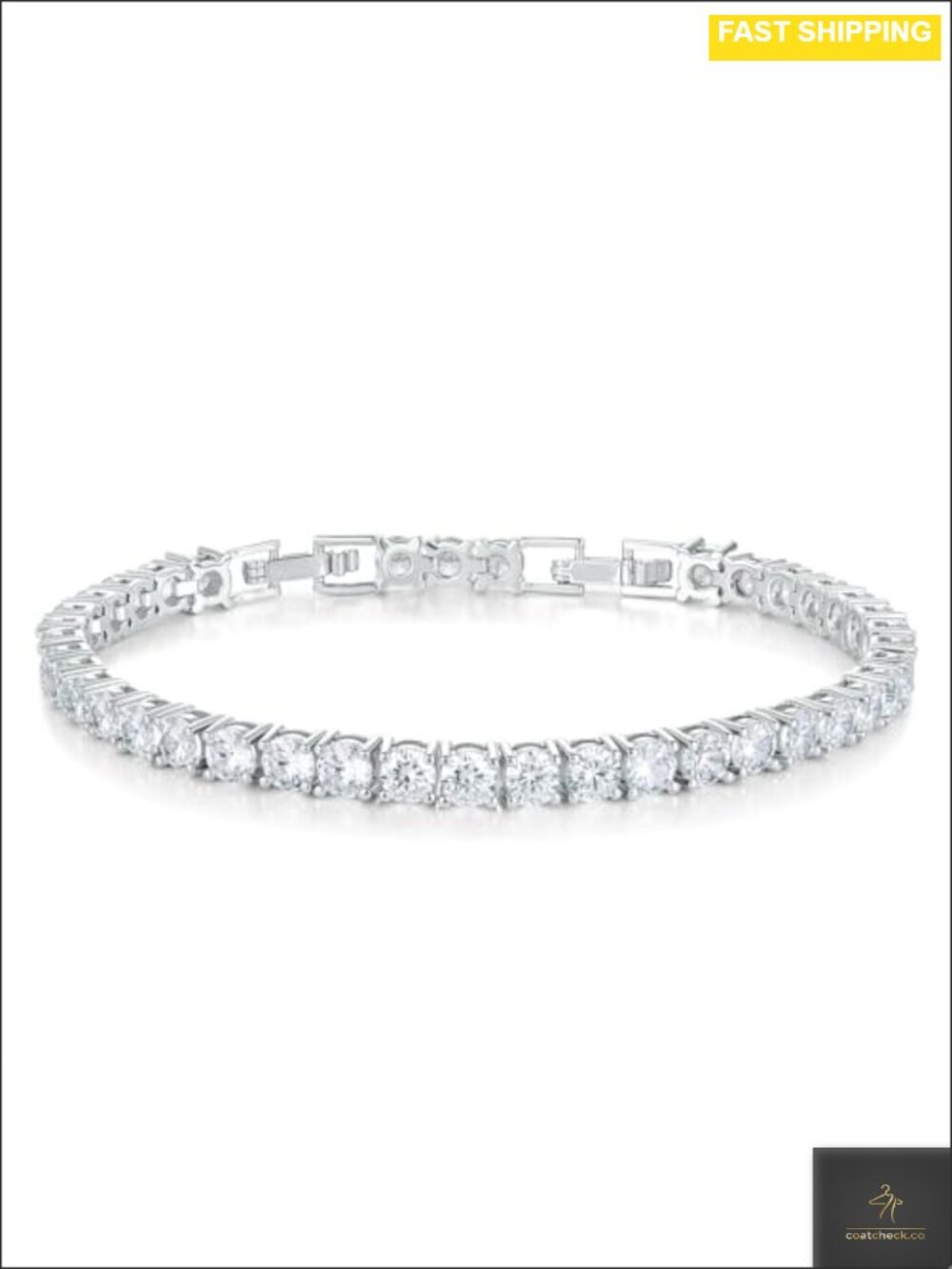 18K White Gold Plated Tennis Bracelet 4mm Round Cubic Zirconia 4-Prong Fold